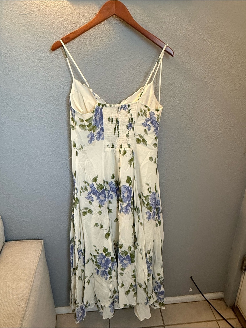 Reformation Cream Slip Dress with Blue Floral Print - Picture 3 of 5